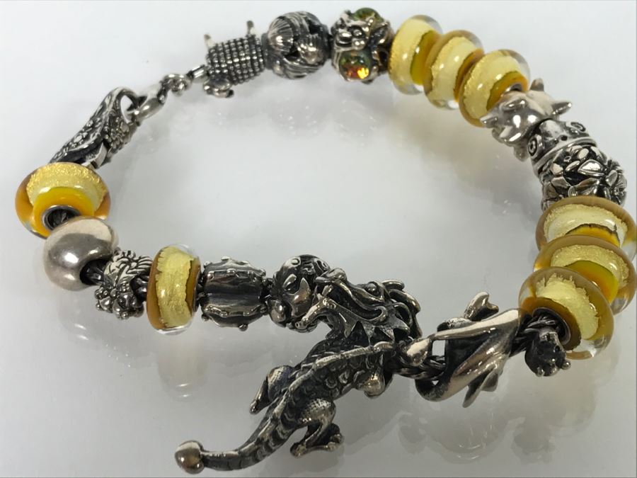 Sterling Silver Charm Bracelet With Dragon Serpent 81.9g [Photo 11]