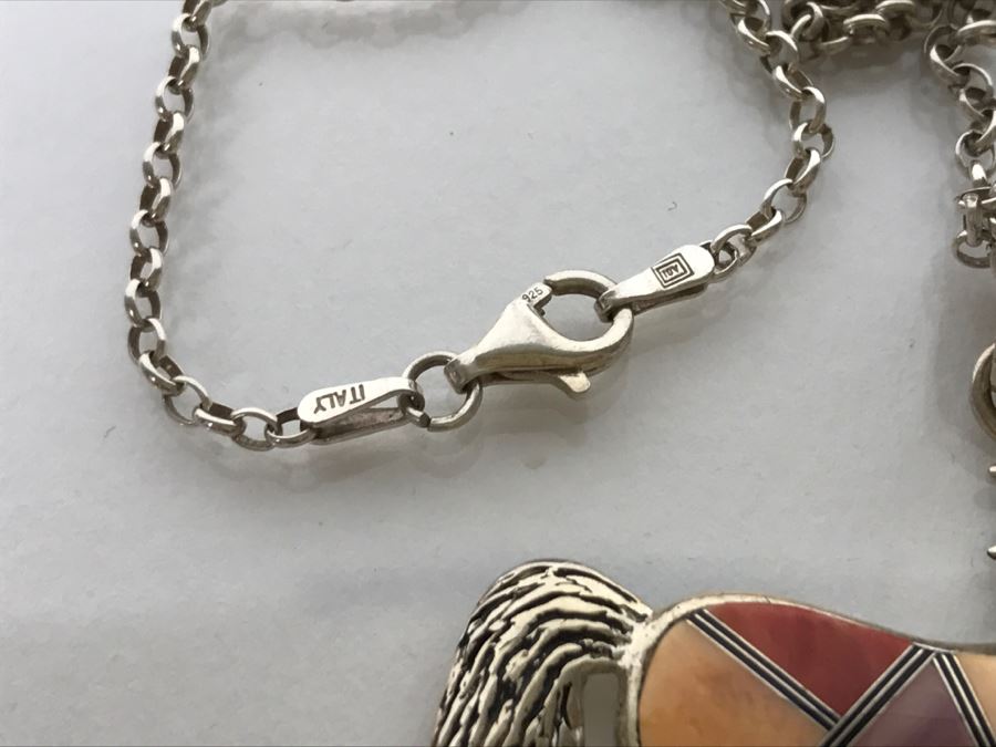 Sterling Silver Horse Pendant With Inlaid Stone Signed JE With Necklace 12.7g [Photo 4]