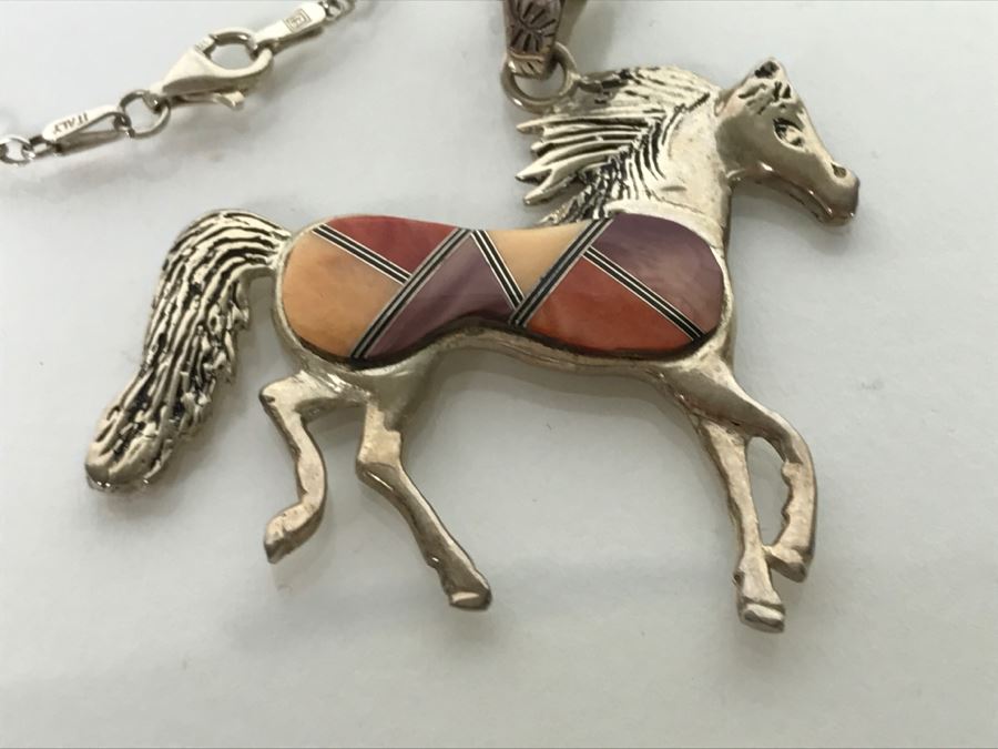 Sterling Silver Horse Pendant With Inlaid Stone Signed JE With Necklace 12.7g [Photo 2]
