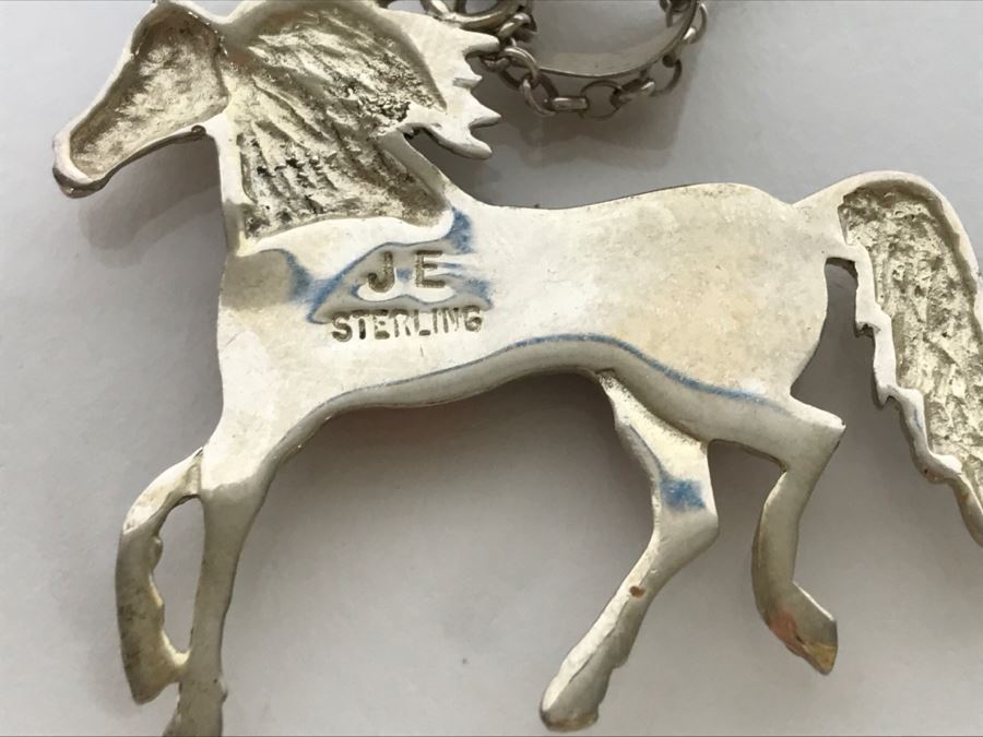 Sterling Silver Horse Pendant With Inlaid Stone Signed JE With Necklace 12.7g [Photo 6]