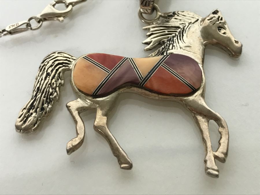 Sterling Silver Horse Pendant With Inlaid Stone Signed JE With Necklace 12.7g [Photo 5]