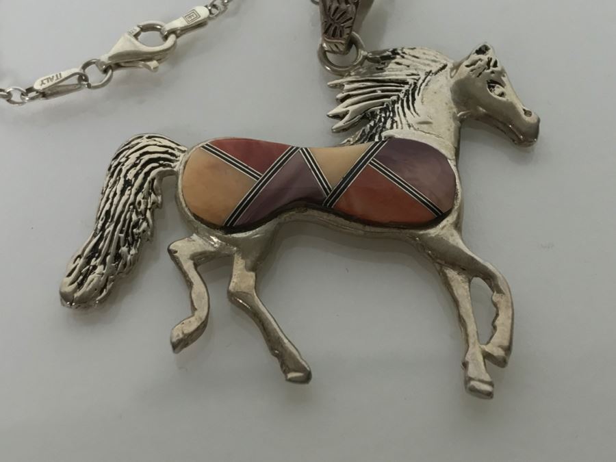 Sterling Silver Horse Pendant With Inlaid Stone Signed JE With Necklace 12.7g [Photo 3]