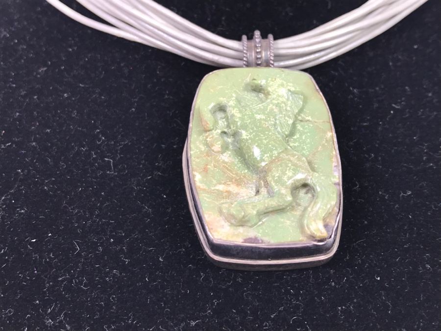 Sterling Silver And Carved Green Stone Horse Pendant Signed KH With Necklace 40.2g [Photo 4]