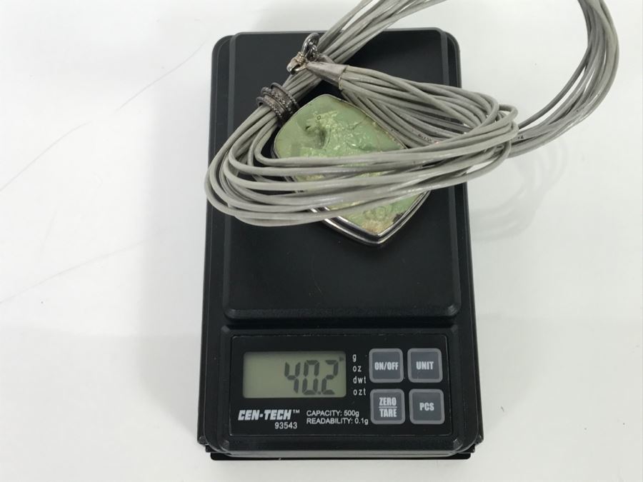 Sterling Silver And Carved Green Stone Horse Pendant Signed KH With Necklace 40.2g [Photo 10]