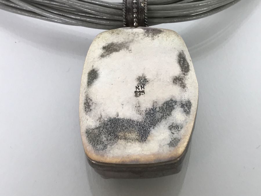 Sterling Silver And Carved Green Stone Horse Pendant Signed KH With Necklace 40.2g [Photo 8]