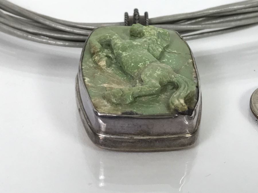 Sterling Silver And Carved Green Stone Horse Pendant Signed KH With Necklace 40.2g [Photo 6]