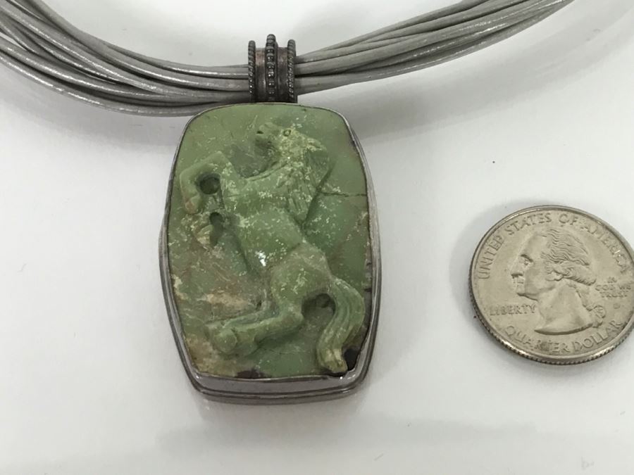 Sterling Silver And Carved Green Stone Horse Pendant Signed KH With Necklace 40.2g [Photo 5]