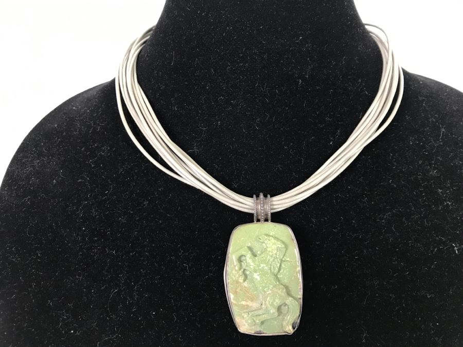 Sterling Silver And Carved Green Stone Horse Pendant Signed KH With Necklace 40.2g [Photo 2]