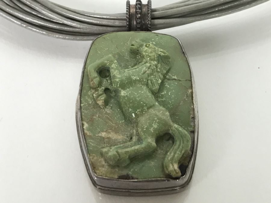 Sterling Silver And Carved Green Stone Horse Pendant Signed KH With Necklace 40.2g