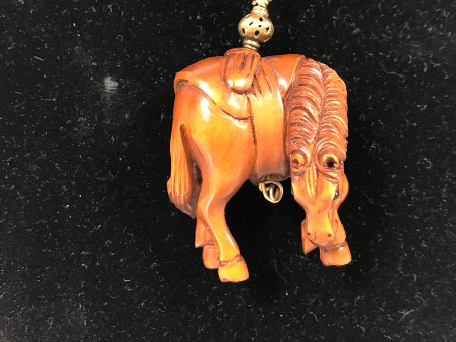Asian Carved Wooden Horse Signed Pendant With Necklace [Photo 4]