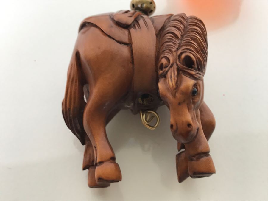 Asian Carved Wooden Horse Signed Pendant With Necklace [Photo 7]