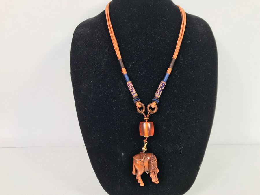 Asian Carved Wooden Horse Signed Pendant With Necklace