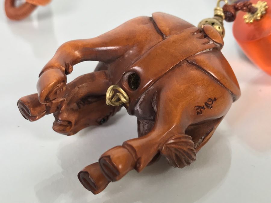 Asian Carved Wooden Horse Signed Pendant With Necklace [Photo 2]