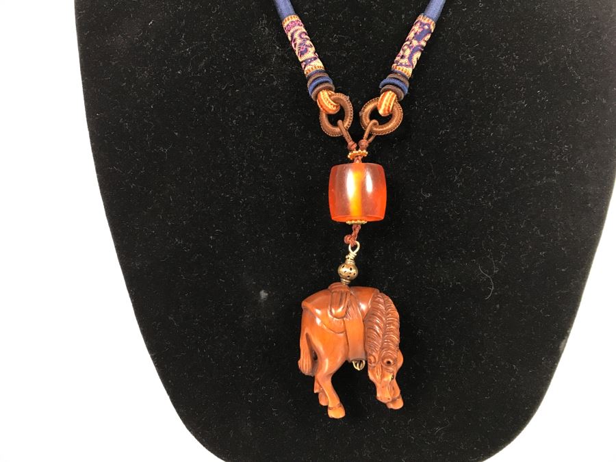 Asian Carved Wooden Horse Signed Pendant With Necklace [Photo 3]
