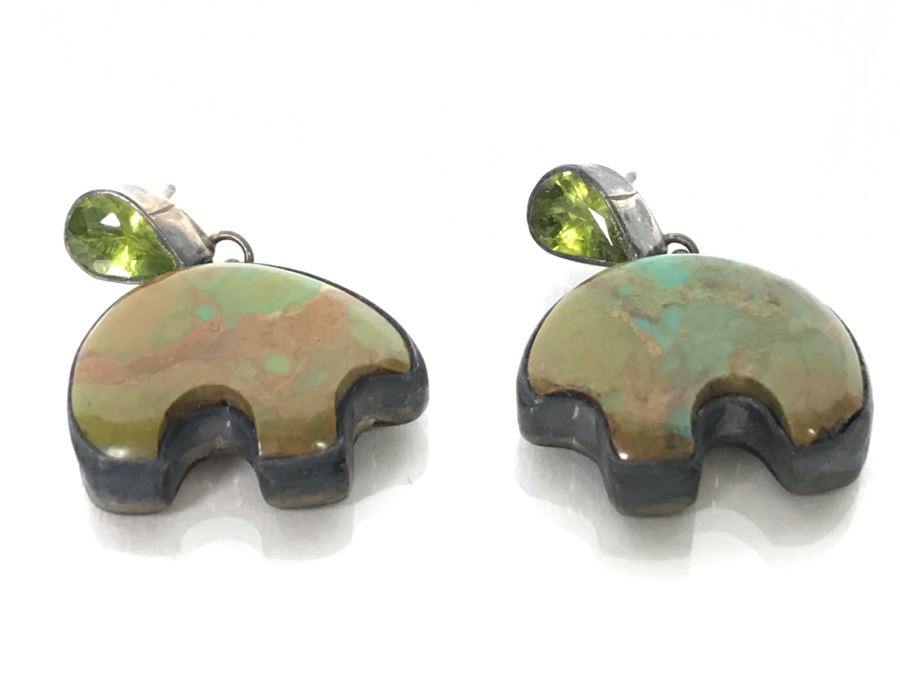 Pair Of Sterling Silver Bear Post Earrings With Turquoise And Green Stones 13.2g