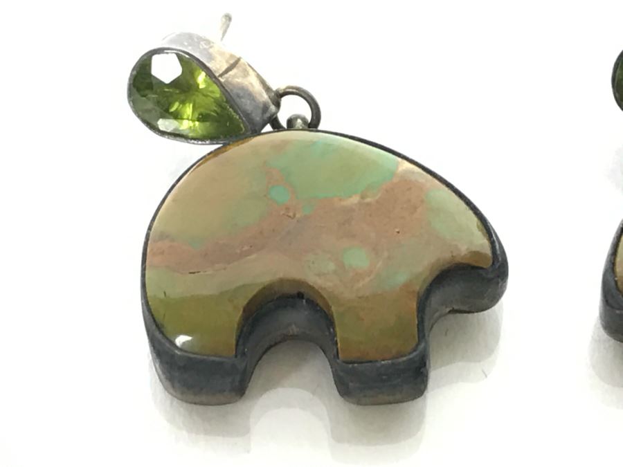 Pair Of Sterling Silver Bear Post Earrings With Turquoise And Green Stones 13.2g [Photo 4]