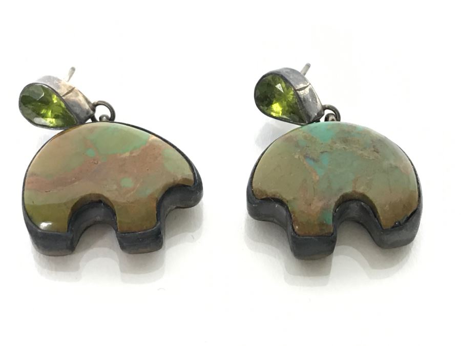 Pair Of Sterling Silver Bear Post Earrings With Turquoise And Green Stones 13.2g [Photo 2]