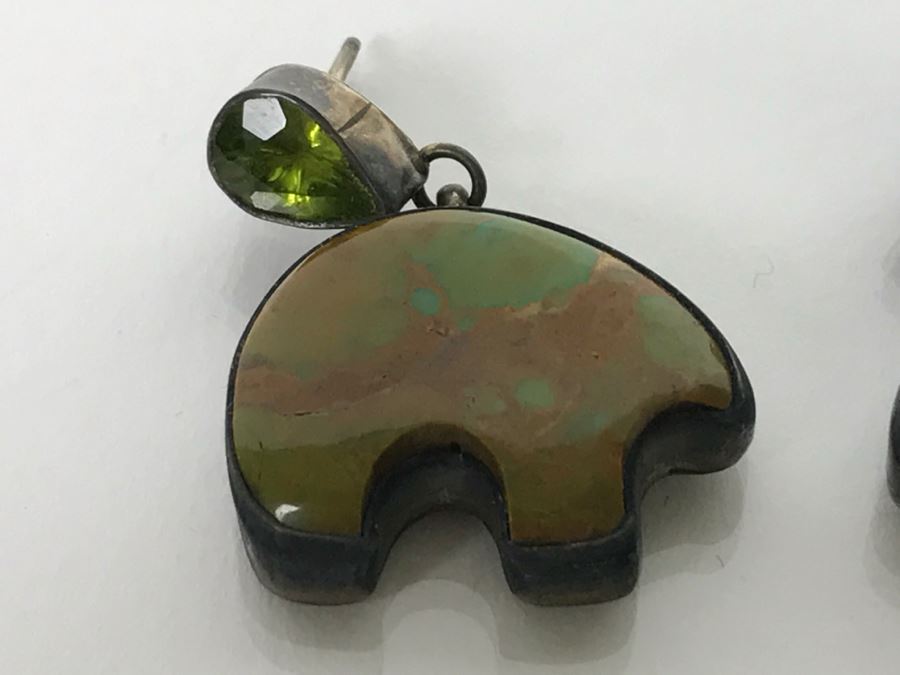 Pair Of Sterling Silver Bear Post Earrings With Turquoise And Green Stones 13.2g [Photo 3]
