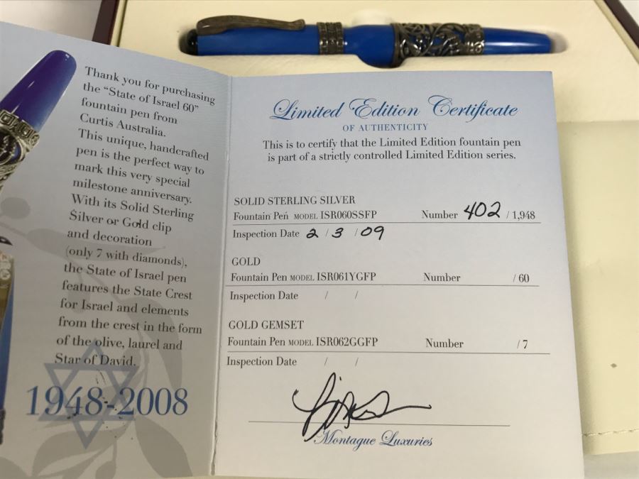 CURTIS Australia Limited Edition Ballpoint Pen The State Of Israel 1948-2008 Sterling Silver 402 of 1,948 With 14K Nib [Photo 20]