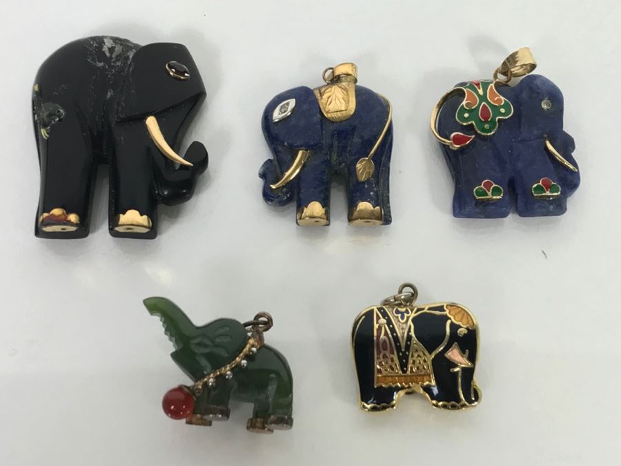 Collection Of (5) Elephant Pendants Mostly Carved Stone Some With 14K Gold Accents [Photo 3]