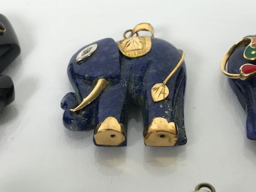 Collection Of (5) Elephant Pendants Mostly Carved Stone Some With 14K Gold Accents [Photo 8]