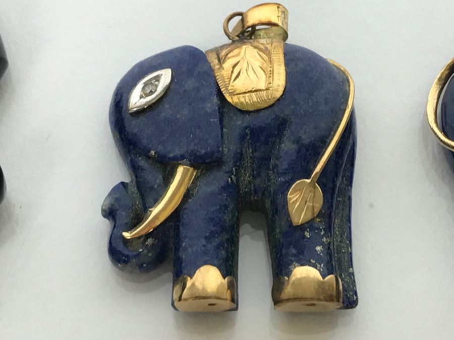 Collection Of (5) Elephant Pendants Mostly Carved Stone Some With 14K Gold Accents [Photo 4]