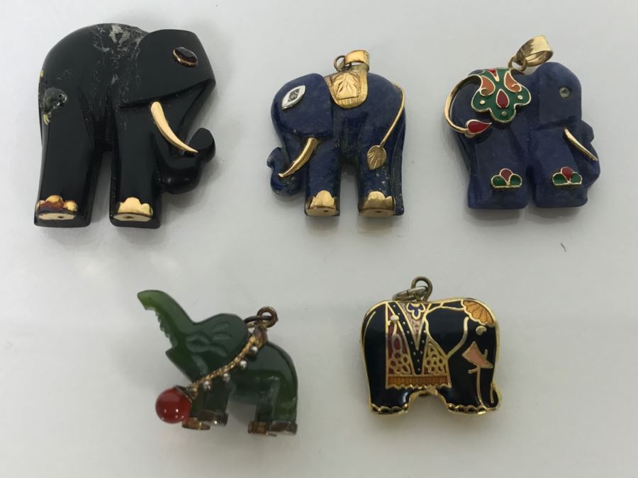 Collection Of (5) Elephant Pendants Mostly Carved Stone Some With 14K Gold Accents [Photo 2]