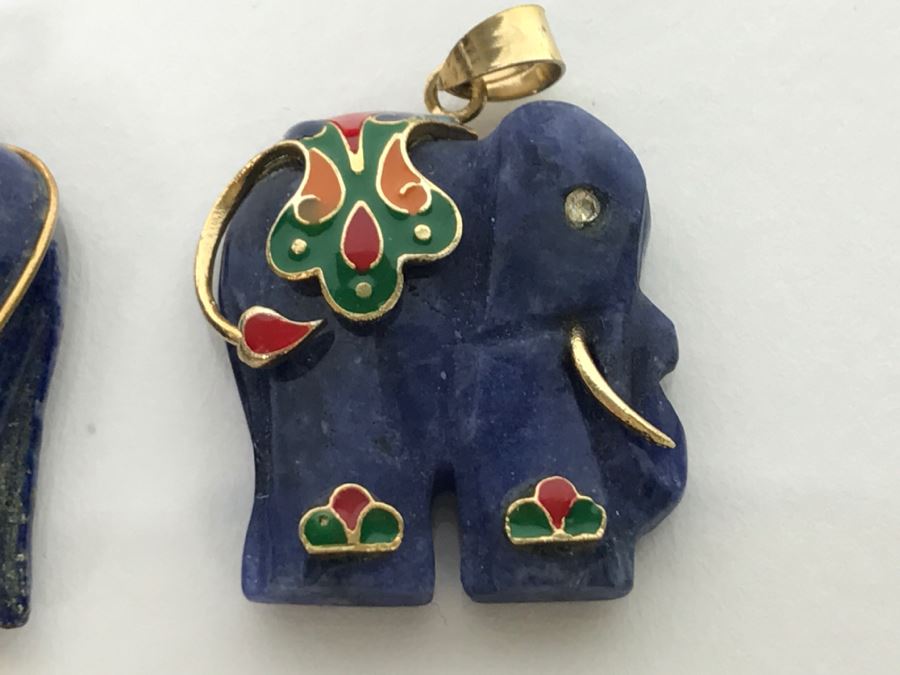 Collection Of (5) Elephant Pendants Mostly Carved Stone Some With 14K Gold Accents [Photo 6]