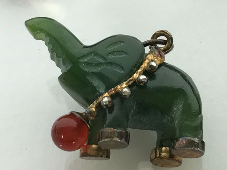 Collection Of (5) Elephant Pendants Mostly Carved Stone Some With 14K Gold Accents [Photo 12]