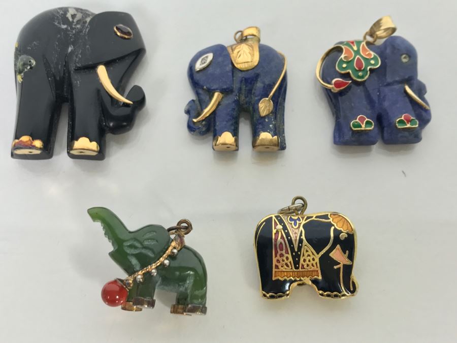 Collection Of (5) Elephant Pendants Mostly Carved Stone Some With 14K Gold Accents [Photo 1]