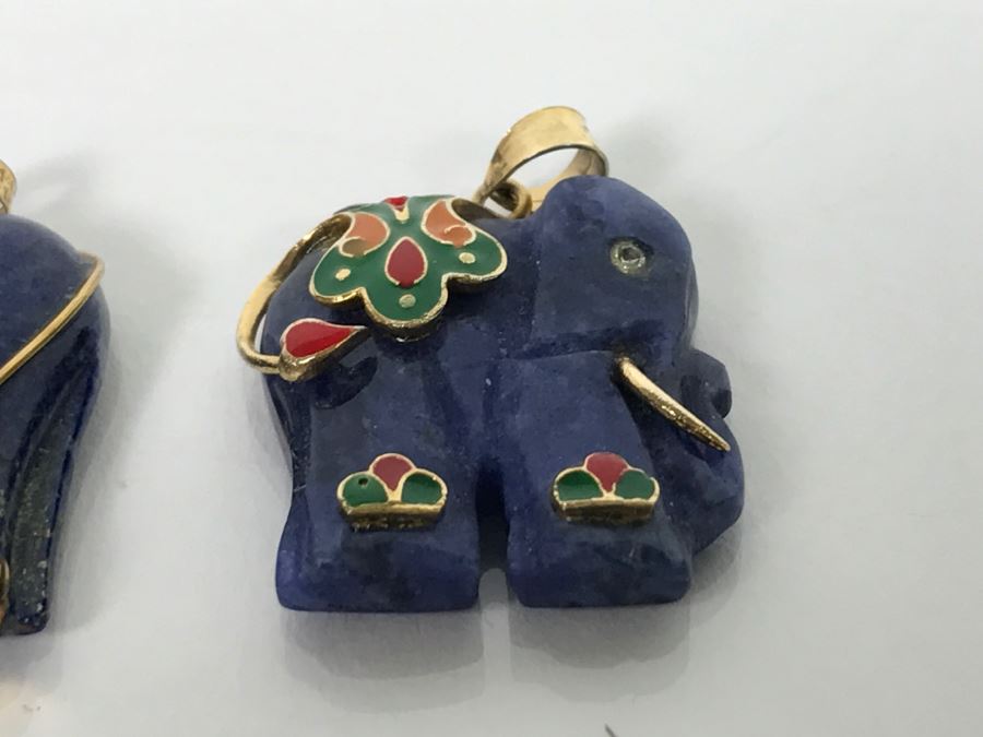 Collection Of (5) Elephant Pendants Mostly Carved Stone Some With 14K Gold Accents [Photo 7]