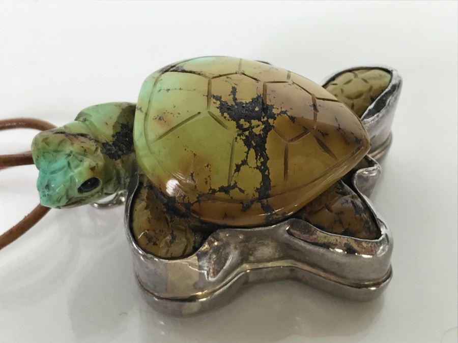 Awesome Sterling Silver Carved Stone Turtle Pendant Signed KH 42.3g [Photo 6]