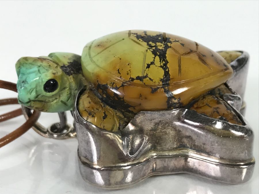 Awesome Sterling Silver Carved Stone Turtle Pendant Signed KH 42.3g