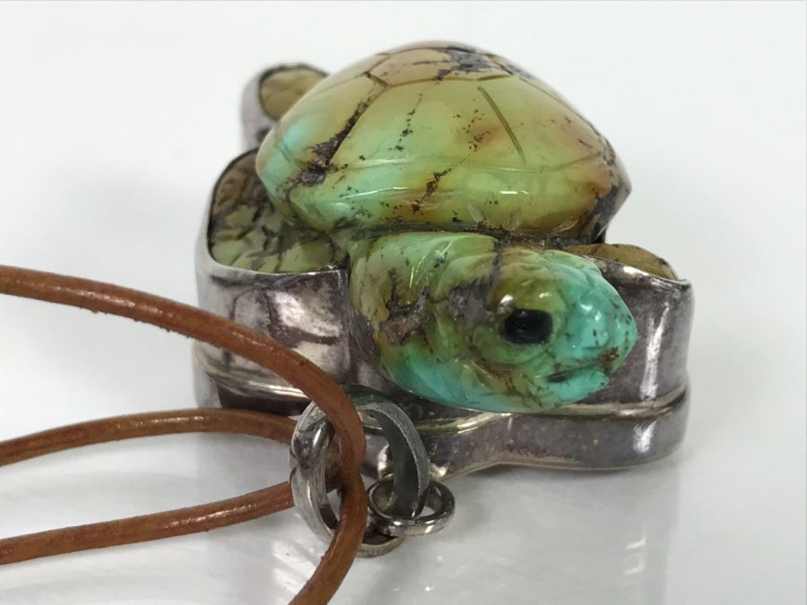 Awesome Sterling Silver Carved Stone Turtle Pendant Signed KH 42.3g [Photo 7]