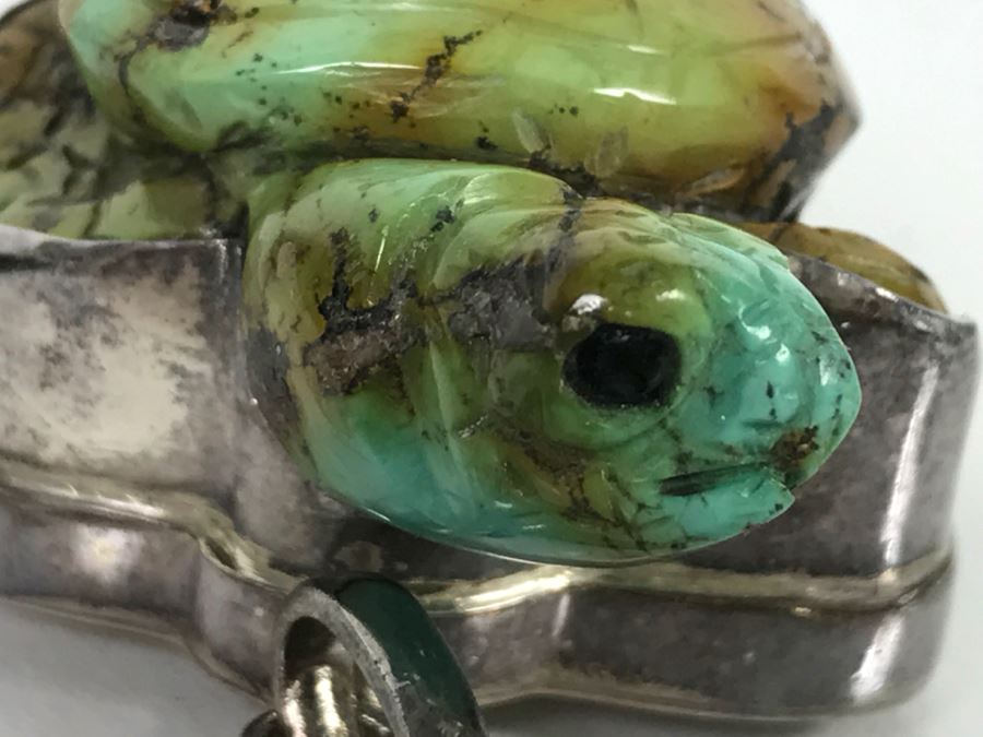 Awesome Sterling Silver Carved Stone Turtle Pendant Signed KH 42.3g [Photo 15]