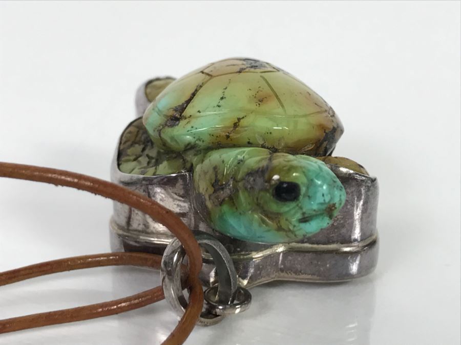 Awesome Sterling Silver Carved Stone Turtle Pendant Signed KH 42.3g [Photo 8]