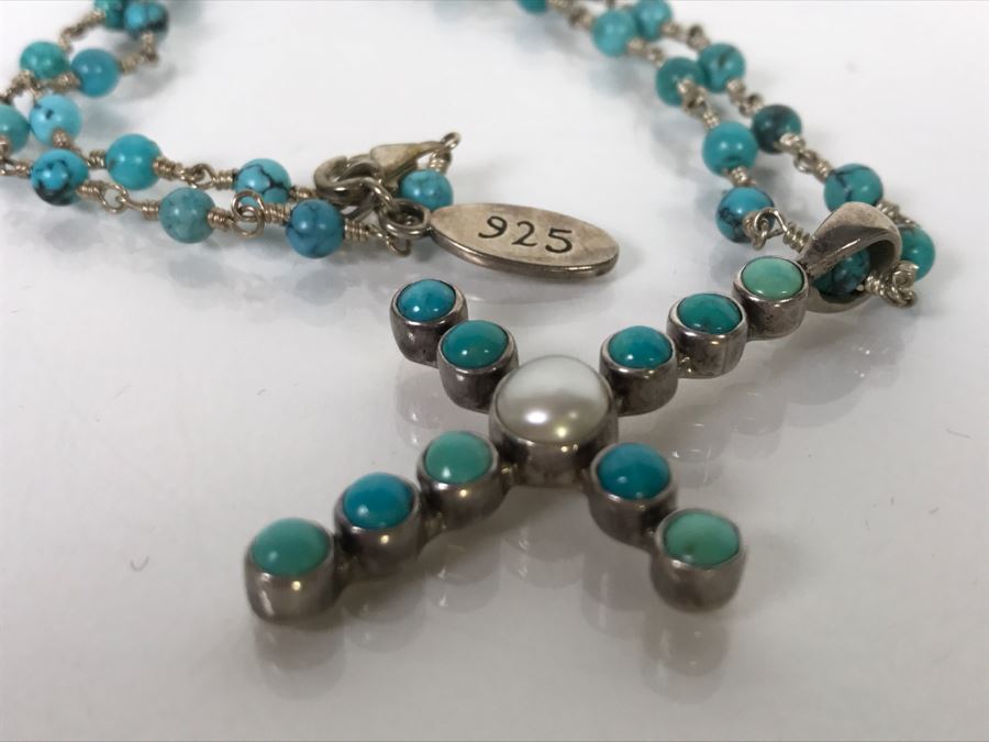 Sterling Silver And Turquoise Cross Necklace 20.5g [Photo 6]