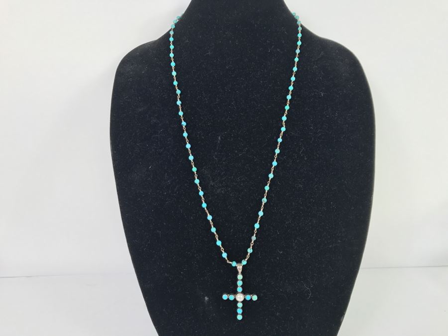 Sterling Silver And Turquoise Cross Necklace 20 5g   26896 9n0g 