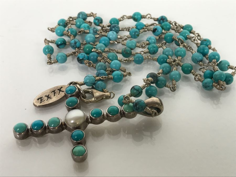 Sterling Silver And Turquoise Cross Necklace 20.5g [Photo 11]