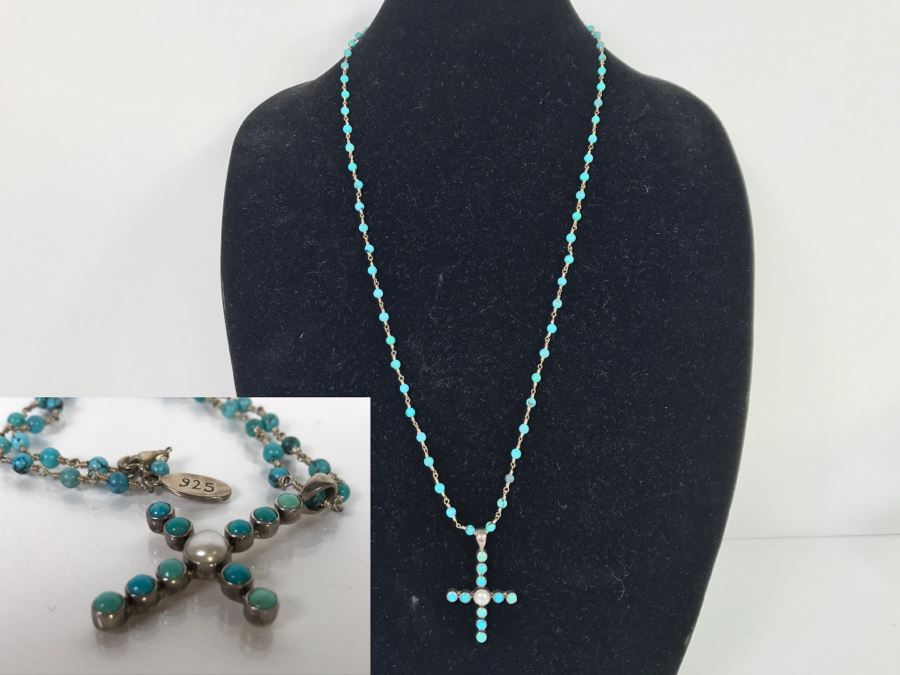 Sterling Silver And Turquoise Cross Necklace 20.5g [Photo 1]