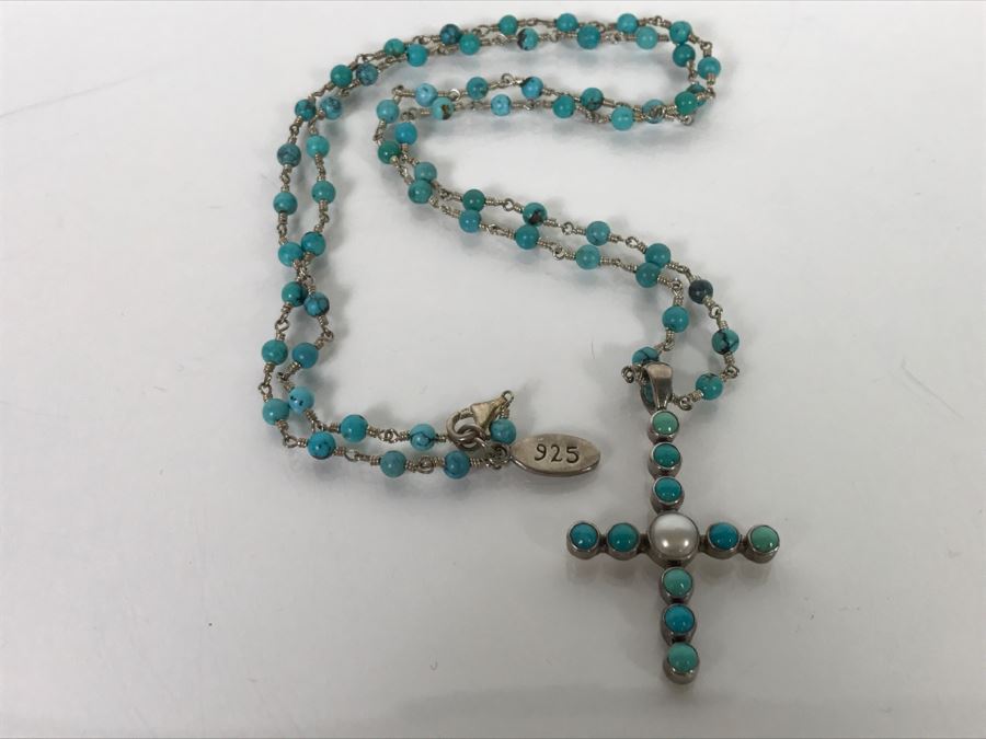 Sterling Silver And Turquoise Cross Necklace 20.5g [Photo 4]