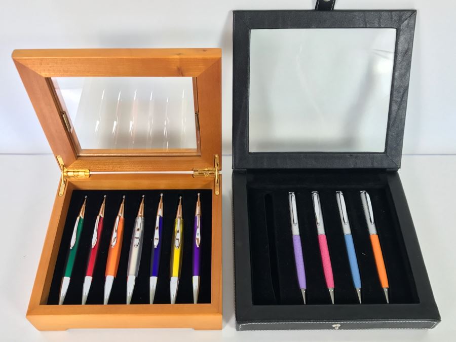 Various Ballpoint Pens With Storage Display Cases