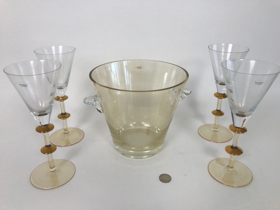Mouthblown Glass Ice Bucket And (4) Mouth Blown Stemware Glasses Made In Poland [Photo 3]