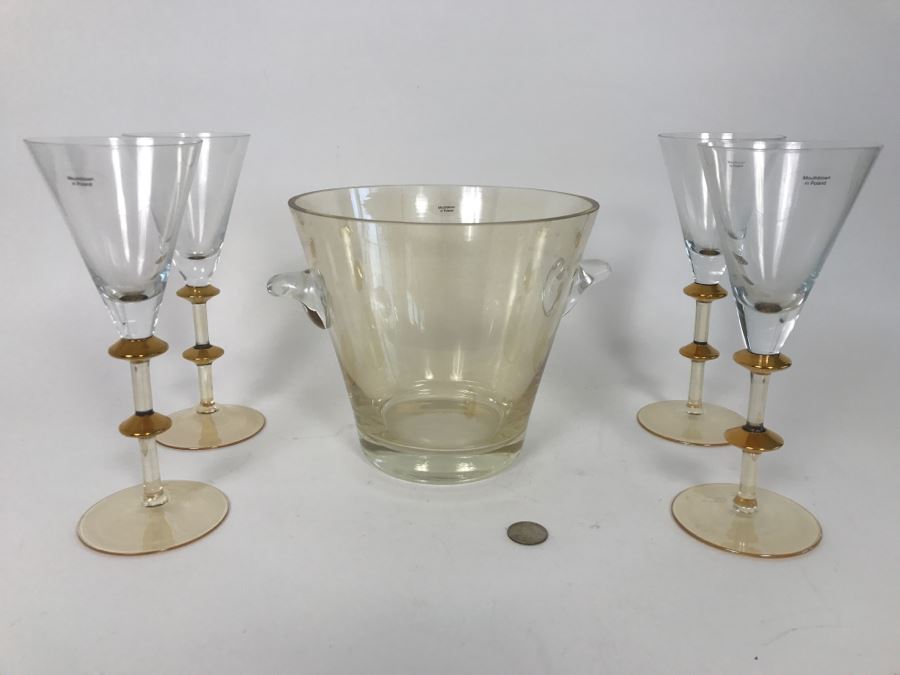 Mouthblown Glass Ice Bucket And (4) Mouth Blown Stemware Glasses Made In Poland [Photo 1]