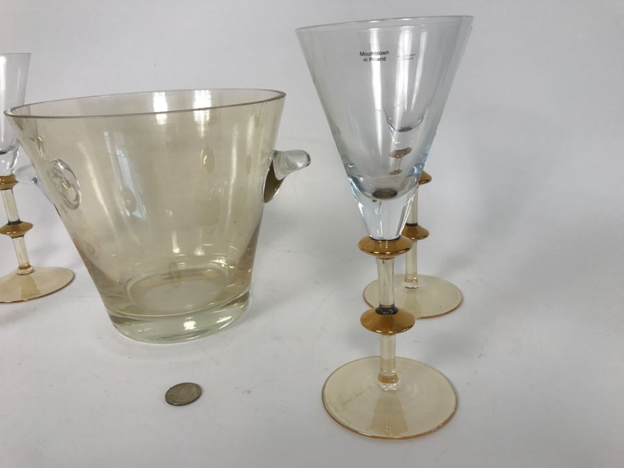 Mouthblown Glass Ice Bucket And (4) Mouth Blown Stemware Glasses Made In Poland [Photo 4]