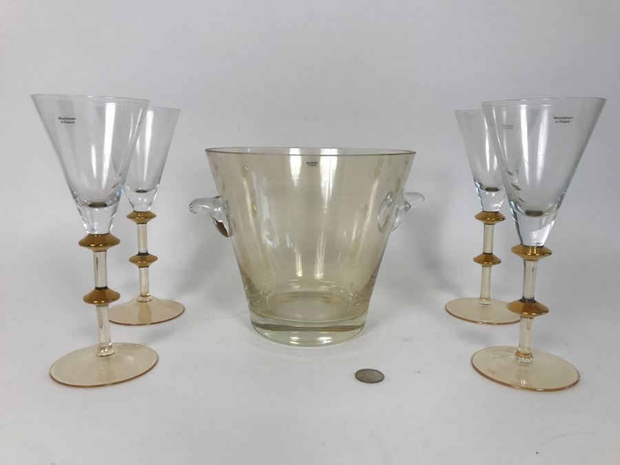 Mouthblown Glass Ice Bucket And (4) Mouth Blown Stemware Glasses Made In Poland [Photo 2]