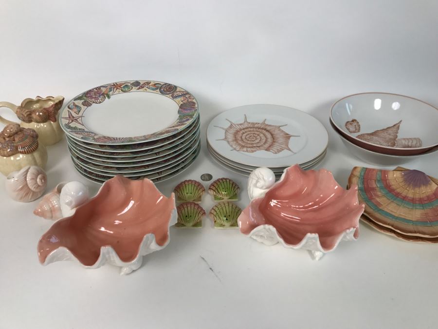 Set Of Various Fitz And Floyd Seashell Motif Plates, Bowls, Cups Coquille Caribbean - See All Photos [Photo 2]