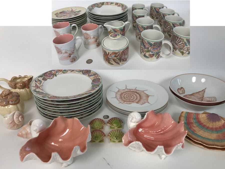 Set Of Various Fitz And Floyd Seashell Motif Plates, Bowls, Cups Coquille Caribbean - See All Photos