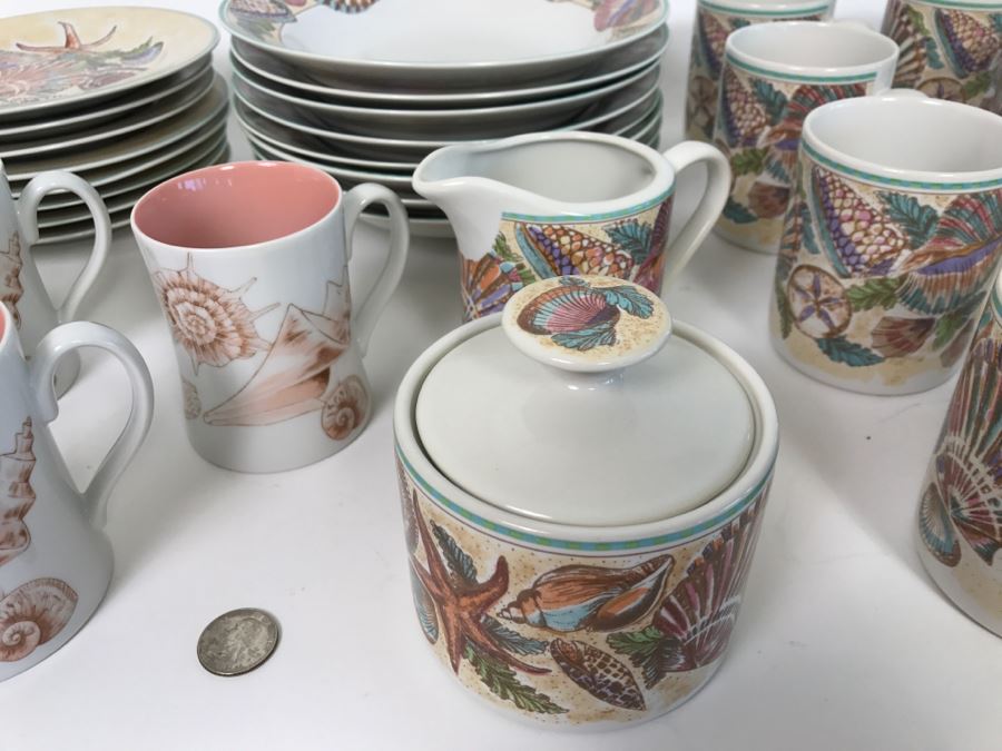 Set Of Various Fitz And Floyd Seashell Motif Plates, Bowls, Cups Coquille Caribbean - See All Photos [Photo 24]