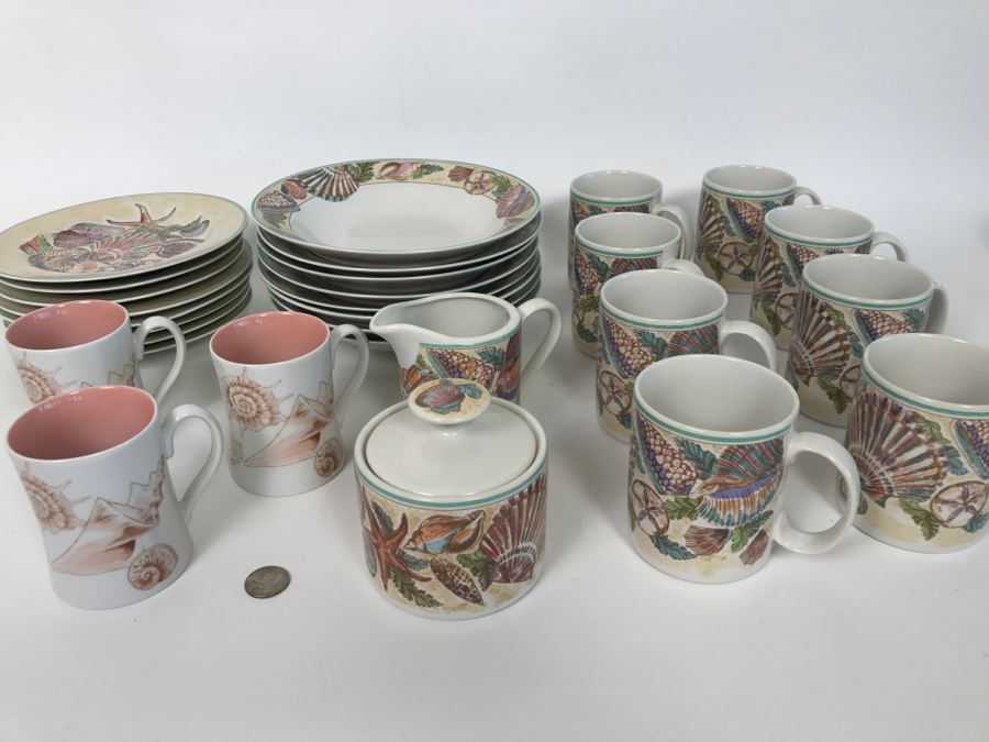 Set Of Various Fitz And Floyd Seashell Motif Plates, Bowls, Cups Coquille Caribbean - See All Photos [Photo 3]
